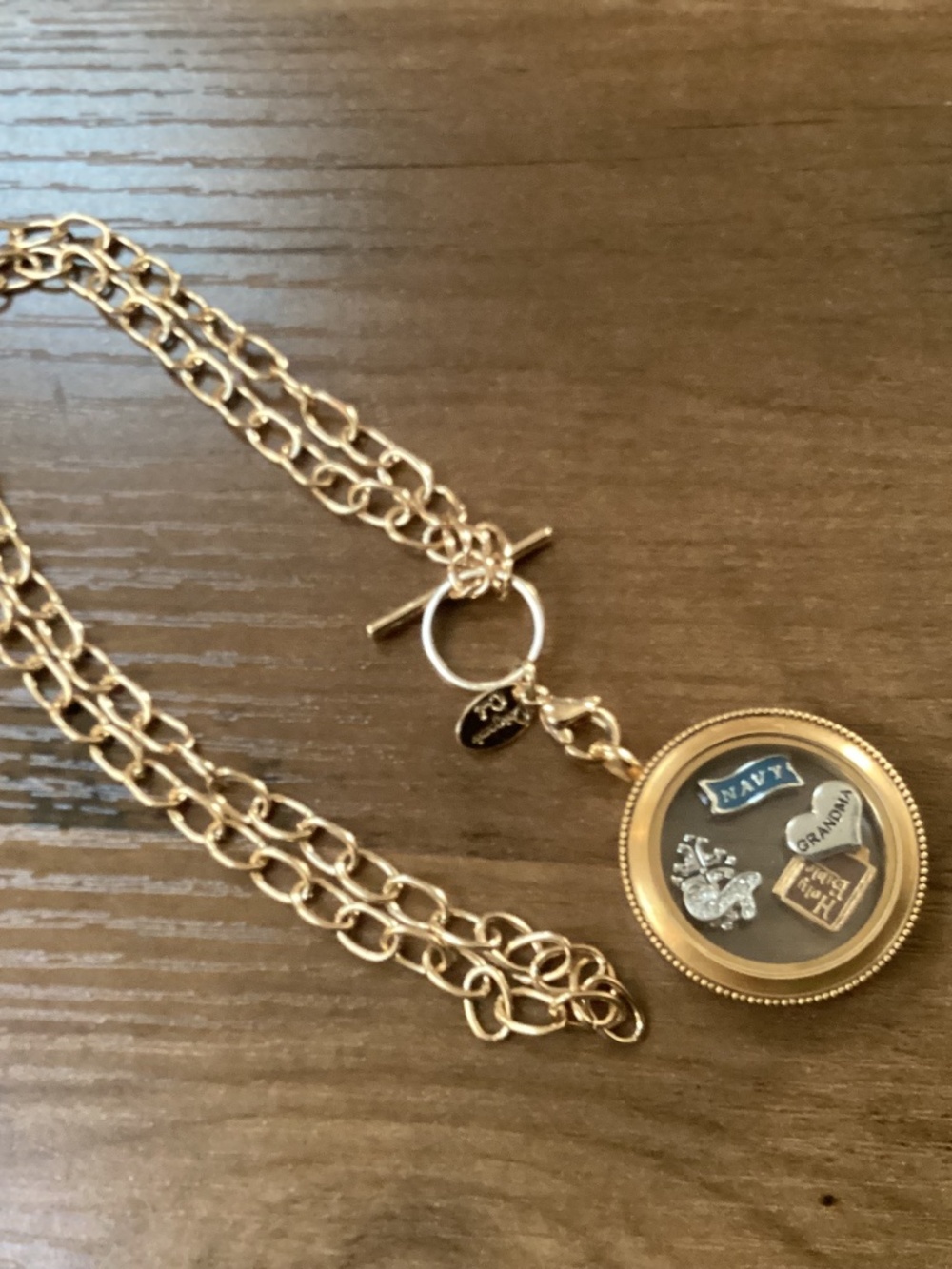 Origami Owl Gold tone Necklace Grandma, Navy, Holy Bible Pendant charms